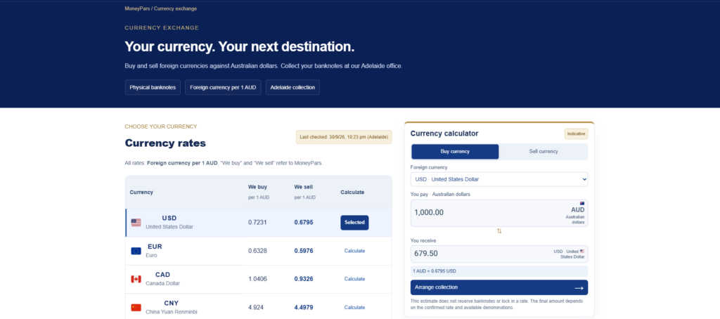 MoneyPars currency exchange page with rate tables and currency calculator