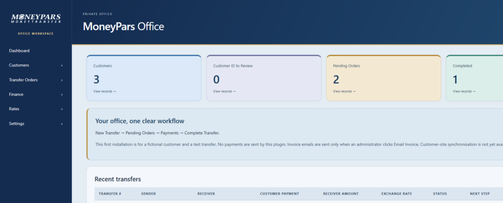 MoneyPars Office remittance management interface using demonstration data